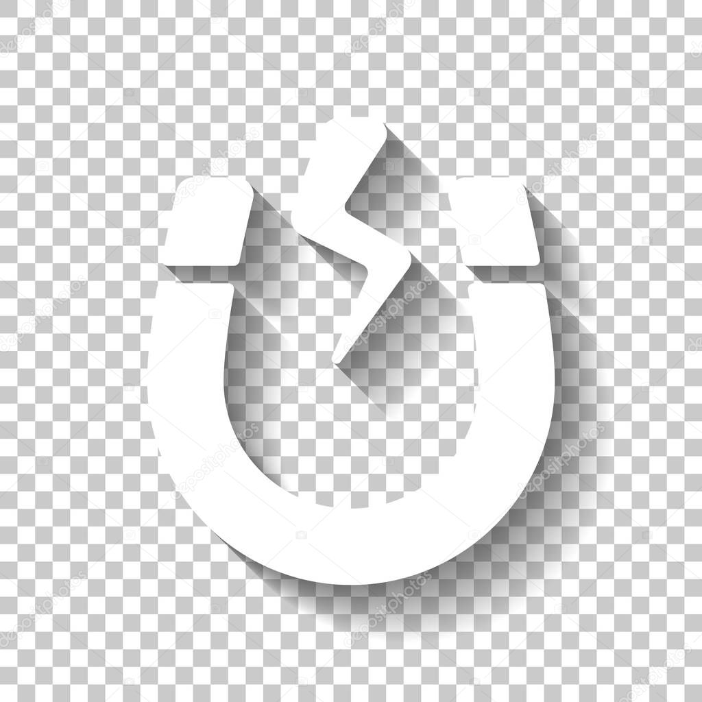 Magnet icon, sign of electromagnetic, silhouette of horseshoe, positive and negative energy. White icon with shadow on checkerboard background