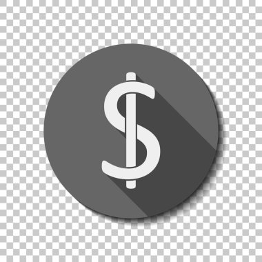 Dolar işareti ve Usd sembol simge. Saydam arka plan üzerinde bir dairede uzun gölge beyaz düz simgesi