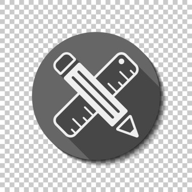 cetvel ve kalem, criss-cross basit sembolü. Saydam arka plan üzerinde bir dairede uzun gölge beyaz düz simgesi. Rozet veya etiket stili