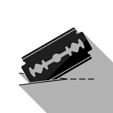 jilet ve kesme hattı. basit simgesi. Uzun gölge beyaz arka planda siyah nesnesiyle
