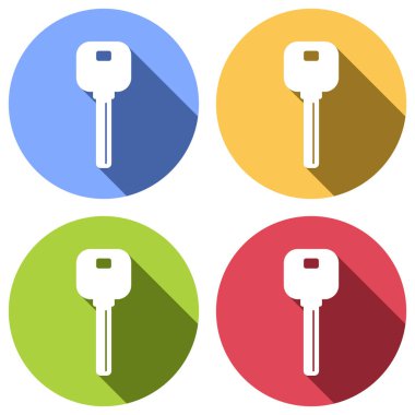 anahtar simgesi. Mavi, turuncu, yeşil ve kırmızı renkli daireler uzun gölge ile beyaz simgeler kümesi. Etiket tarzı