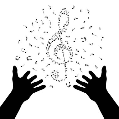 Eller silüeti Not nota anahtarı tarafından keman yaratıyor. Müzik poster. Magic müzik. Canlı nusic. Mastermind iletken