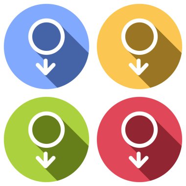 cinsiyet sembolü. Doğrusal sembolü. basit insanlar simgesi. Mavi, turuncu, yeşil ve kırmızı renkli daireler uzun gölge ile beyaz simgeler kümesi. Etiket tarzı