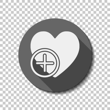 kalp ve artı. basit siluet. Saydam arka plan üzerinde bir dairede uzun gölge beyaz düz simgesi