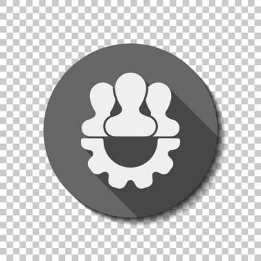 Takım, teknik destek, kaç kişi ve dişli. düz simgesi, uzun gölge, daire, şeffaf ızgara. Rozet veya etiket stili