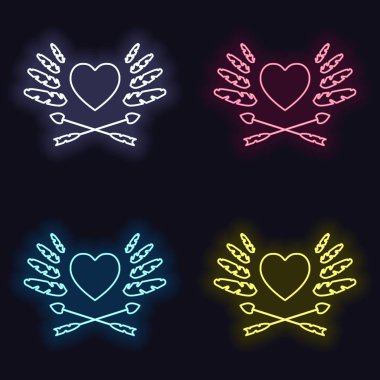 Sevgililer günü olan tutamaçlarından simgesi kalp, tüyler ve okları ile. Moda neon işareti kümesi. Koyu arka plan üzerinde casino tarzı. Seamless modeli