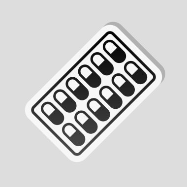 Paketi hapları simgesi. Etiket tarzı ile beyaz ve gri arka plan üzerinde basit gölge