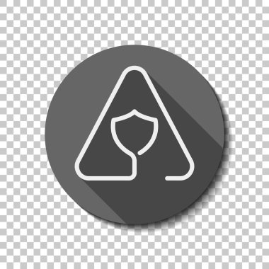 Uyarı üçgeni içinde kalkan. Koru ile sorun. İnce anahat ile doğrusal simgesi. Bir çizgi stili. Saydam arka plan üzerinde bir dairede uzun gölge beyaz düz simgesi. Rozet veya etiket stili