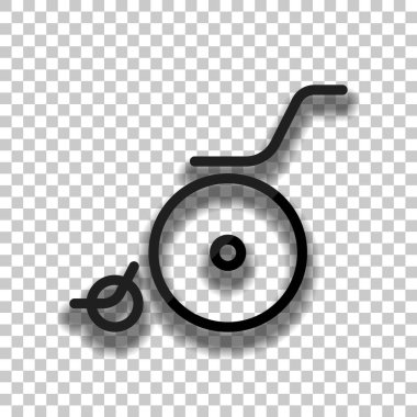 Tekerlekli sandalye. Doğrusal, ince anahat. Saydam arka plan üzerinde yumuşak gölgeli siyah cam kutsal kişilerin resmi