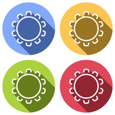 Basit dişli veya ayar. Doğrusal simgesi, ince anahat. Mavi, turuncu, yeşil ve kırmızı renkli daireler uzun gölge ile beyaz simgeler kümesi. Etiket tarzı