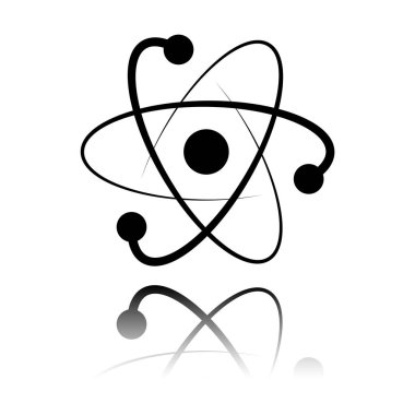 bilimsel atom sembolü, logo, basit simgesi. Siyah beyaz arka plan ayna yansıması simgesiyle