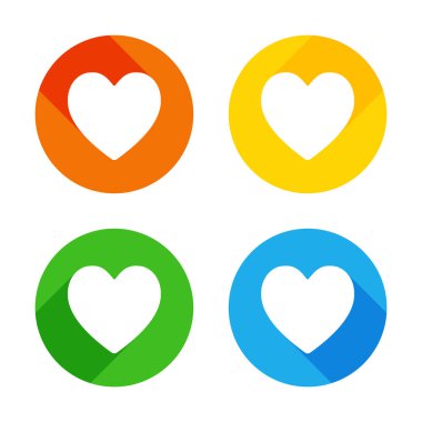 Basit kalp simgesi. Renkli daireler arka plan düz beyaz simgesi. Dört farklı uzun gölgeler her köşe