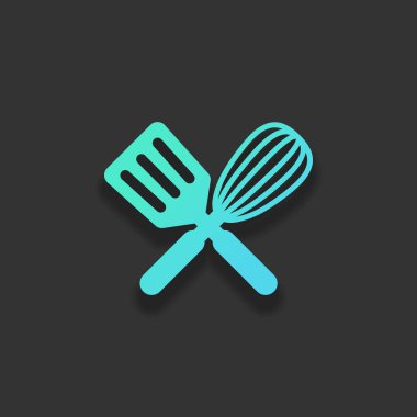 Mutfak Aracı simgesi. Çırpma teli ve spatula, criss ve çapraz. Renkli logo kavramı koyu arka plan üzerinde yumuşak gölge ile. Masmavi okyanus rengini simgesi