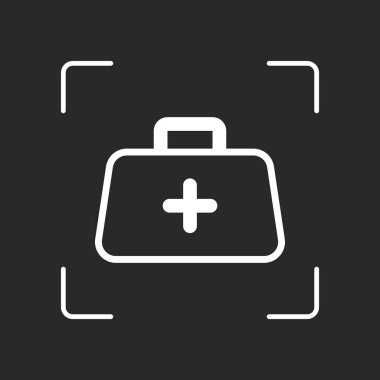 ilk yardım çantası, anahat simgesi. Beyaz nesne kamera otomatik odaklama koyu arka plan üzerinde