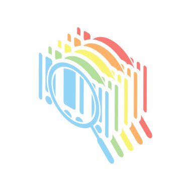 Barkod ve Yakınlaştır simgesini. Beyaz arka plan üzerinde renkli izometrik simgeler yığını