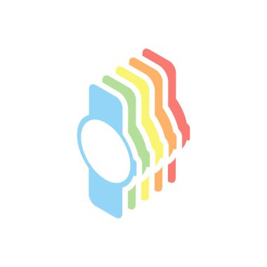 El yuvarlak göstermek akıllı izle. Teknoloji simgesi. Beyaz arka plan üzerinde renkli izometrik simgeler yığını