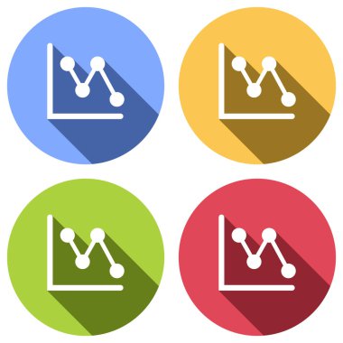 Azalan grafik hat simgesi. Mavi, turuncu, yeşil ve kırmızı renkli daireler uzun gölge ile beyaz simgeler kümesi. Etiket tarzı