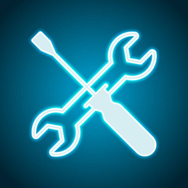 Tamir Servisi, İngiliz anahtarı ve tornavida, Araçlar. Neon tarzı. Işık dekorasyon simgesi. Parlak elektrik sembolü