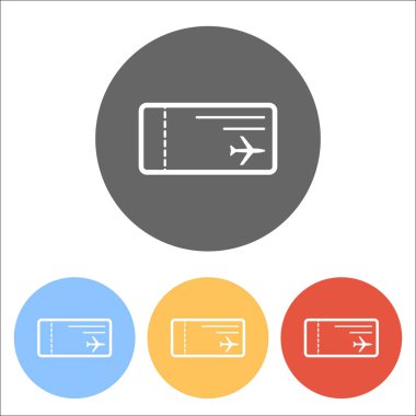 Uçak Bilet simgesi. Renkli daireler üzerinde beyaz simgeler kümesi