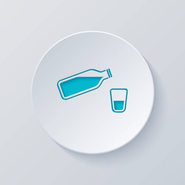 şişe su kabarcıkları ve cam bardak ile. basit simgesi. Gri ve mavi katmanları ile daire kes. Kağıt tarzı