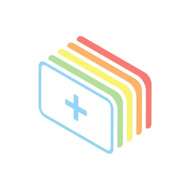 İlk yardım kutusu. basit simgesi. Beyaz arka plan üzerinde renkli izometrik simgeler yığını