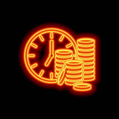 Vakit nakittir. Saat ve para yığını. Finans simgesi. Siyah arka plan üzerine portakal neon tarzı. Işık simgesi