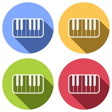 Piyano klavye simgesini. Mavi, turuncu, yeşil ve kırmızı renkli daireler uzun gölge ile beyaz simgeler kümesi. Etiket tarzı