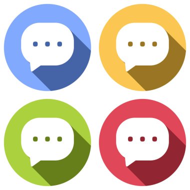 sohbet simgesi. Mavi, turuncu, yeşil ve kırmızı renkli daireler uzun gölge ile beyaz simgeler kümesi. Etiket tarzı