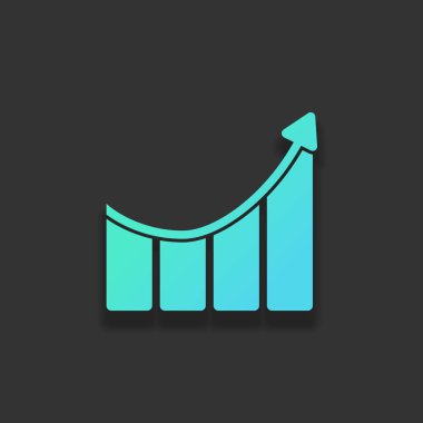 Çubuk grafiği yükselen ok simgesi ile büyüyor. Renkli logo kavramı koyu arka plan üzerinde yumuşak gölge ile. Masmavi okyanus rengini simgesi