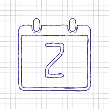 2 gün, basit simgesi ile takvim. Elle çizilmiş resim kağıt sayfası. Mavi mürekkep, anahat kroki tarzı. Damalı zemin üzerine doodle