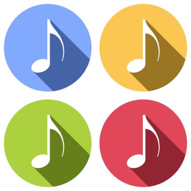 Müzik Not simgesi. Mavi, turuncu, yeşil ve kırmızı renkli daireler uzun gölge ile beyaz simgeler kümesi. Etiket tarzı