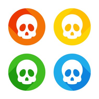 Basit kafatası simgesi. Renkli daireler arka plan düz beyaz simgesi. Dört farklı uzun gölgeler her köşe