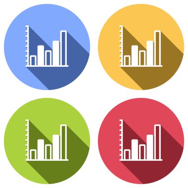 Grapgic finans, büyümek. Mavi, turuncu, yeşil ve kırmızı renkli daireler uzun gölge ile beyaz simgeler kümesi. Etiket tarzı
