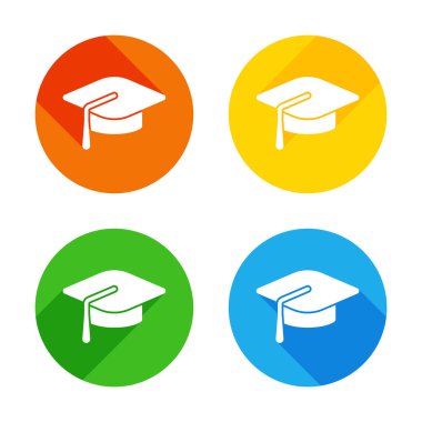 Mezuniyet kep. Eğitim simgesi. Renkli daireler arka plan düz beyaz simgesi. Dört farklı uzun gölgeler her köşe