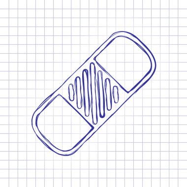 Tıbbi yama, basit simgesi. Elle çizilmiş resim kağıt sayfası. Mavi mürekkep, anahat kroki tarzı. Damalı zemin üzerine doodle