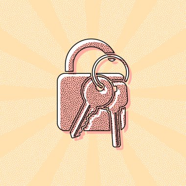 Unlock ve tuşları simgesi. Retro Vintage tipografi ofset baskı etkisi ile. Çizgi roman pop sanat arka plan ile nokta poster