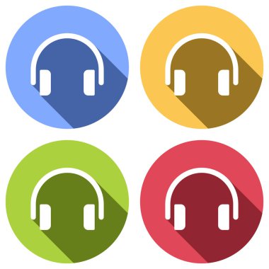 Basit kulaklık simgesi. Mavi, turuncu, yeşil ve kırmızı renkli daireler uzun gölge ile beyaz simgeler kümesi. Etiket tarzı