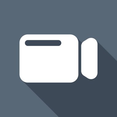 Basit video kamera simgesi. Uzun Gölge arka plan üzerinde beyaz düz simgesi