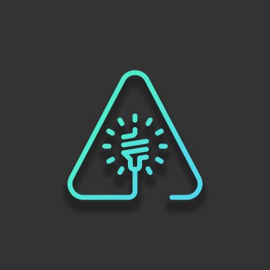 Uyarı üçgeni içinde LED lamba. İnce anahat ile doğrusal simgesi. Bir çizgi stili. Renkli logo kavramı koyu arka plan üzerinde yumuşak gölge ile. Masmavi okyanus rengini simgesi