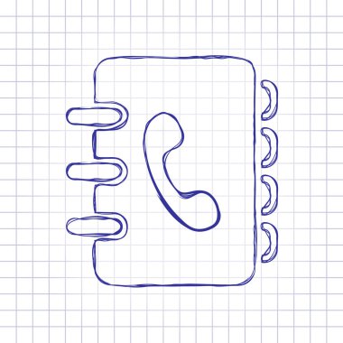 Adres defteri ile telefon kapağında imzala. basit simgesi. Elle çizilmiş resim kağıt sayfası. Mavi mürekkep, anahat kroki tarzı. Damalı zemin üzerine doodle