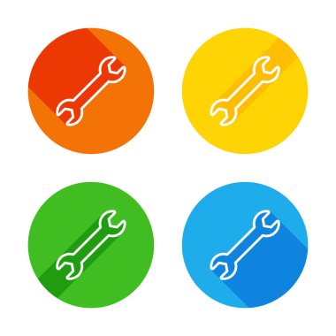 İngiliz anahtarı. Doğrusal, ince anahat. Renkli daireler arka plan düz beyaz simgesi. Dört farklı uzun gölgeler her köşe