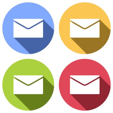 basit mektup simgesi. Mavi, turuncu, yeşil ve kırmızı renkli daireler uzun gölge ile beyaz simgeler kümesi. Etiket tarzı