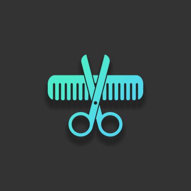 Makas ve saç fırçası. Berberin çapraz Araçlar. Renkli logo kavramı koyu arka plan üzerinde yumuşak gölge ile. Masmavi okyanus rengini simgesi