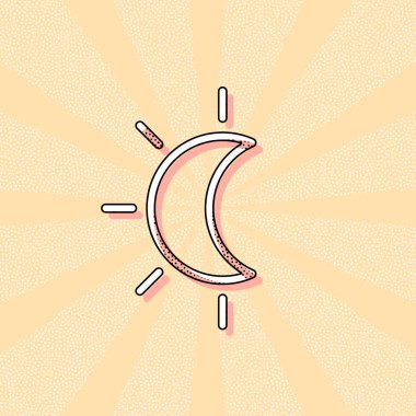 Güneş tutulması. İnce anahat ile basit doğrusal simgesi. Retro Vintage tipografi ofset baskı etkisi ile. Çizgi roman pop sanat arka plan ile nokta poster