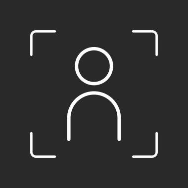 Basit kişi simgesi. Doğrusal sembol, ince anahat. Beyaz nesne kamera otomatik odaklama koyu arka plan üzerinde