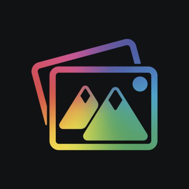 Birkaç dağlar ve güneş ile fotoğraf yığını. Basit simgesi. Gökkuşağı rengi ve koyu arka plan