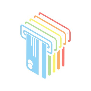 ATM makine ve kredi kartı simgesi. Beyaz arka plan üzerinde renkli izometrik simgeler yığını