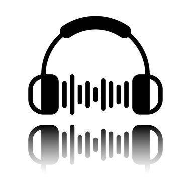 Kulaklık ve müzik dalgası. Max ses seviyesini. Basit simgesi. Siyah beyaz arka plan ayna yansıması simgesiyle