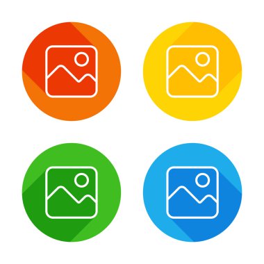 Basit resim simgesi. Doğrusal sembol, ince anahat. Renkli daireler arka plan düz beyaz simgesi. Dört farklı uzun gölgeler her köşe