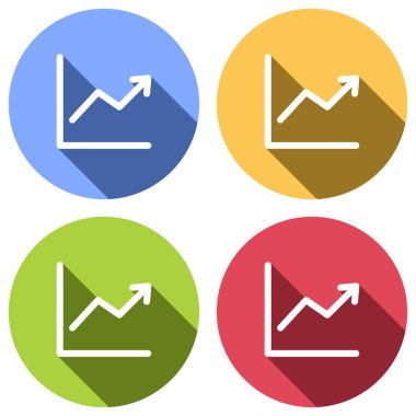 Grapgic finans, büyümek. Mavi, turuncu, yeşil ve kırmızı renkli daireler uzun gölge ile beyaz simgeler kümesi. Etiket tarzı